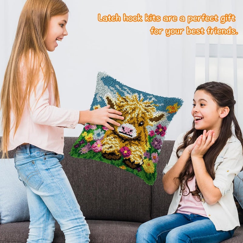 YP Cute Highland Cow Cattle Floral Latch Hook Kits Pillow Crochet Yarn Preprinted Pattern Needlework Kit DIY Pillowcase Hook Rug Crafts Kits,Home Sofa Decoration 17"X17" - Image 5